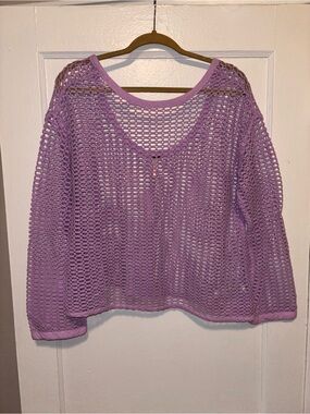 Free People Lavendar Purple Crochet Long Sleeve Top Medium Beach Coverup Swim